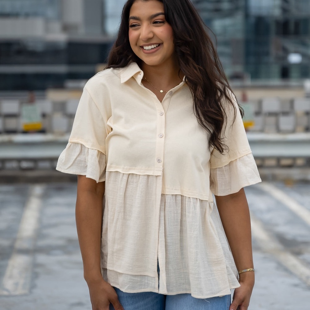 Cream Button-Up Short Sleeve Blouse